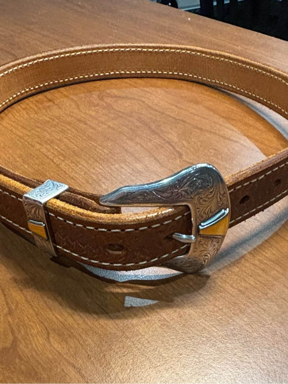 Women’s 33” Brown Leather Belt with Engraved Silver Buckle